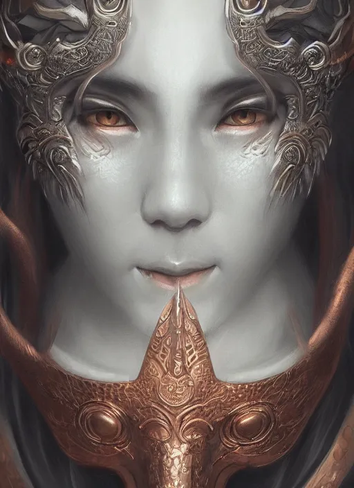 Prompt: a beautiful detailed oil on copper art illustration of a japanese samurai dragon mask woman, centered, by charlie bowater, zeng fanzh, trending on artstation, dim dusk lighting, cinematic lighting, detailed lighting, volumetric lighting, realistic, f 8, 4 k hd wallpaper