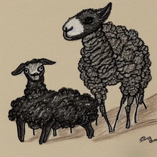 Prompt: drawing of ominous creature protecting small lamb