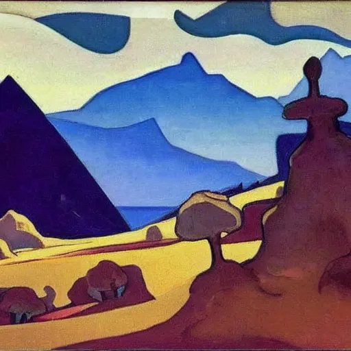 Image similar to painting of a lush natural scene on an alien planet by nicholas roerich. beautiful landscape. weird vegetation. cliffs and water.