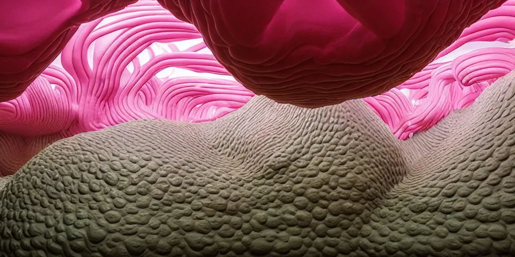 Image similar to biomorphic inflated latex structures by ernesto neto, light - mint with light - pink color, 4 k, insanely quality, highly detailed, film still from the movie directed by denis villeneuve with art direction by zdzisław beksinski, telephoto lens, shallow depth of field