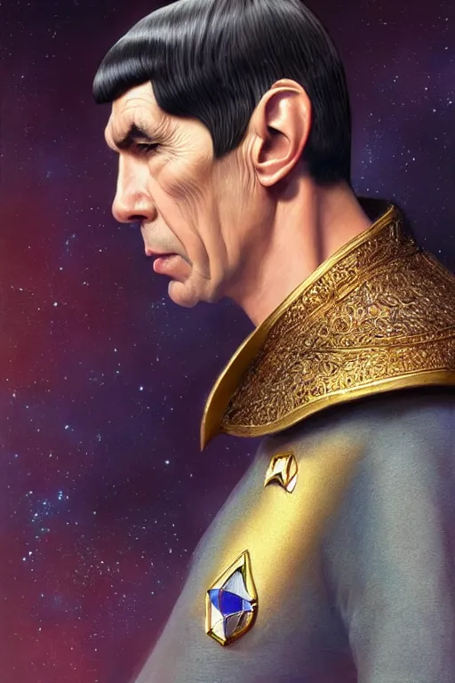 Prompt: photorealistic portrait photograph of spock as a glorious regal space king, sleek outfit, upper body, fantasy, handsome, depth of field, soft focus, highly detailed, intricate, realistic, national geographic cover, soft glow, textured, artstation, concept art, sharp focus, illustration, art by artgerm and greg rutkowski and alphonse mucha