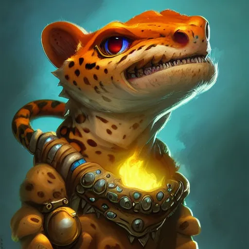 Image similar to Cute anthropomorphic Leopard Gecko in World of Warcraft, cover art, ultra wide lens shot, pretty, beautiful, DnD character art portrait, matte fantasy painting, DeviantArt Artstation, by Jason Felix by Steve Argyle by Tyler Jacobson by Peter Mohrbacher, cinematic lighting