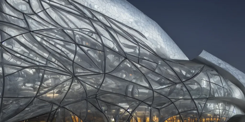 Image similar to extremely detailed ornate stunning sophisticated beautiful elegant futuristic museum exterior by Zaha Hadid, stunning volumetric light, stainless steal, concrete, translucent material, beautiful sunset, tail lights