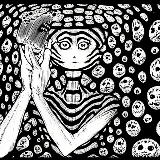 Image similar to dmt hallucinations, horror, darkness, junji ito