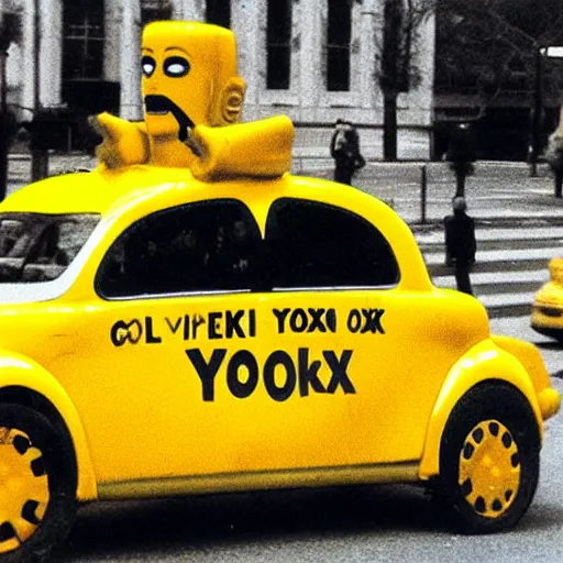 Image similar to golem driving a new york yellow taxi, picking up elon musk at the airport