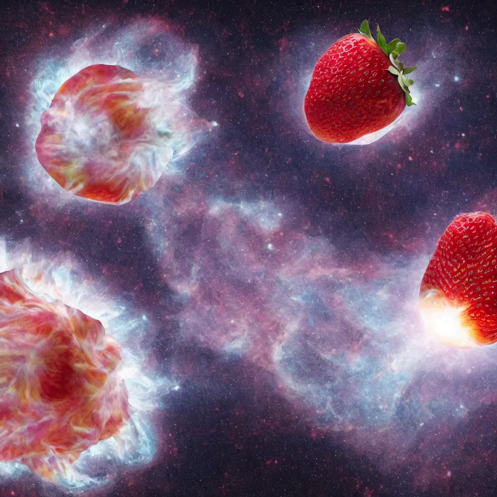 Image similar to a peach-like neutron star is bursting and throwing strawberry to all around