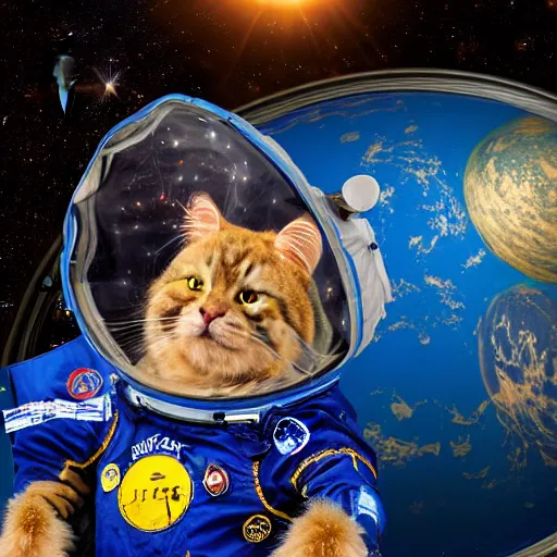 Prompt: high-energy full body main coon TY beanie baby wears a spacesuit and floats close-up next to the james webb space telescope in outer space, 8k highly professionally detailed, HDR, photorealistic