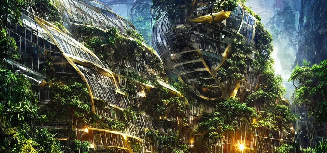 Prompt: futuristic shinny golden building in an jungle landscape of a biopunk city by artgerm, movie poster, film still