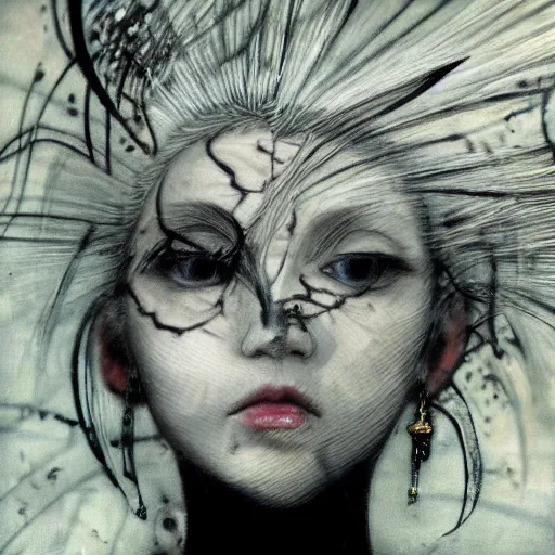 Image similar to yoshitaka amano blurry realistic illustration of an anime girl with white hair and cracks on her face wearing dress suit with tie fluttering in the wind, abstract black and white patterns on the background, upside down cross earring, noisy film grain effect, highly detailed, renaissance oil painting, weird portrait angle