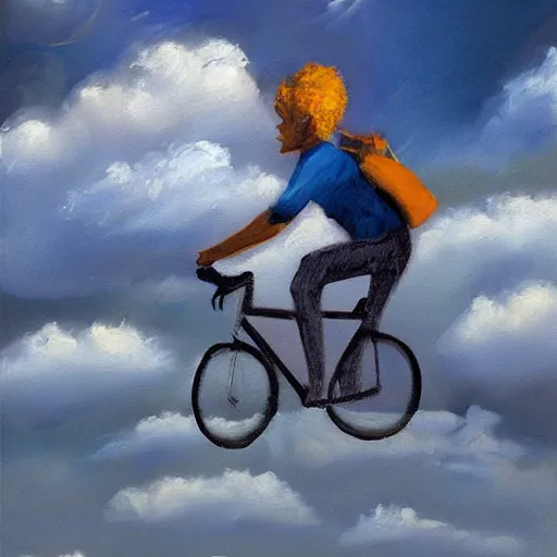 Image similar to A man riding his bicycle through the clouds in the sky, evokes feelings of wonder and amazement, an expressive oil painting by Wes Wilson