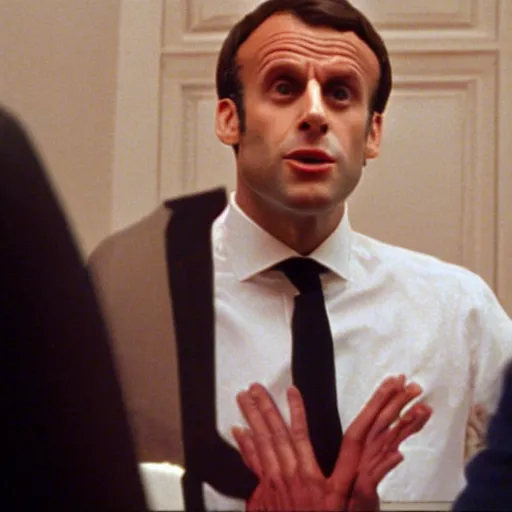 Image similar to Emmanuel Macron disguised as a macaron in American Psycho (1999)