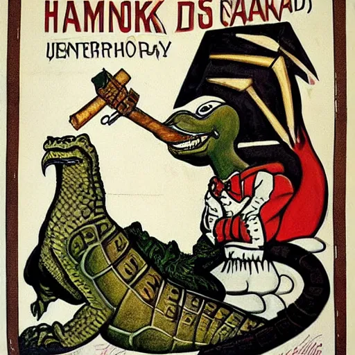 Prompt: a poster featuring a humanoid crocodile smoking a cigar, a hawk with a black cross shaped sword