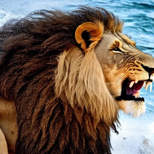 Image similar to a lion's face breaching through a wave, stormy weather