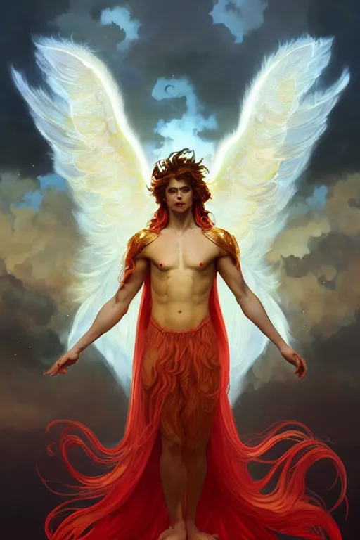 Image similar to symmetrical fullbody portrait of a beautiful young fit male angel with curly blond hairs, fulldressed in long fluent red clothes, majestic big demon wings, luminous fire halo, by greg rutkowski and alphonse mucha, gradient white to gold, in front of an hellish landscape background, highly detailed portrait, digital painting, artstation, concept art, smooth, sharp focus illustration