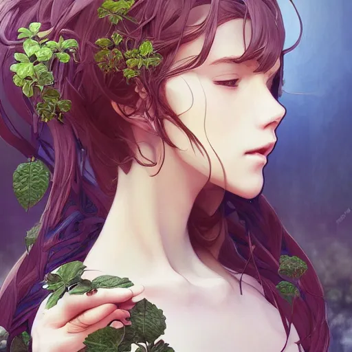 Image similar to An anime young woman plant hybrid, vine and plants and flowers, intricate, digital painting, highly detailed, concept art, Artstation, Cgsociety, Artgerm, Alphonse Mucha, Wlop