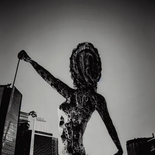 Image similar to siren head standing over downtown las angeles, arms overreaching the busy streets, nightime, creepy, dark vignette, damaged photograph