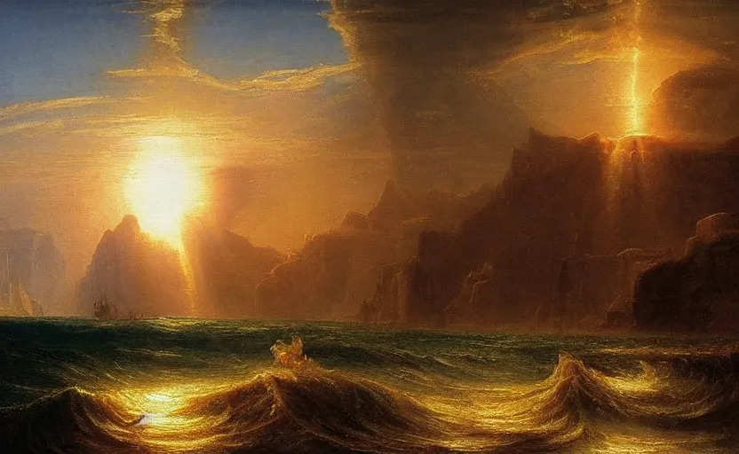 Image similar to a city of light and gold under the ancient runs of the ocean painted by thomas cole