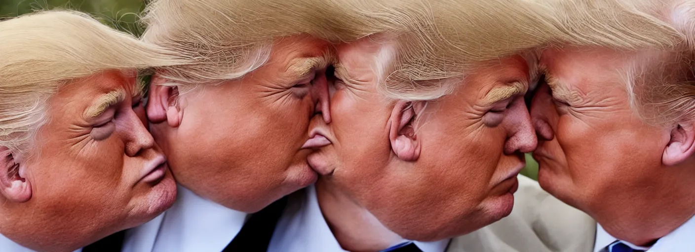 Prompt: beautiful high quality romantic portrait photo of donald trump kissing donald trump. hq. hdr. golden hour. donald trump and donald trump kissing on the lips. very high resolution. amazing lighting.