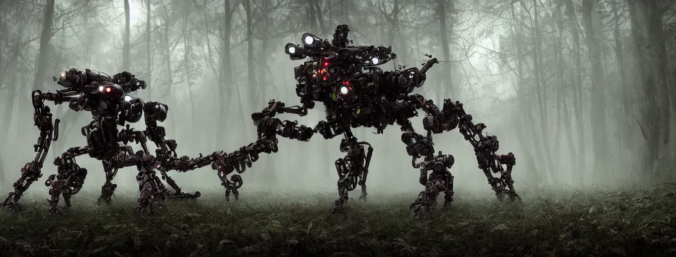 Prompt: image of terrific and creepy gigantic 8 - leg spider mech robot with volumetric lights, running and hunting remaining humans, hiding in a heavy rainy post - apocalyptic forest, high detail, dramatic moment, motion blur, ground fog, dark atmosphere, saturated colors, by james paick, render unreal engine - h 7 0 4