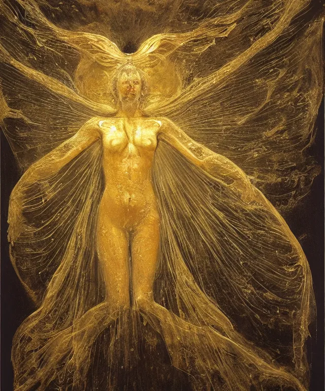 Prompt: Beautiful full-body wax sculpture of a glowing transparent butterfly with a woman face with visible gold bones covered with melted white wax inside the singularity where stars becoming baroque folds of dark matter by Michelangelo da Caravaggio, Nicola Samori, William Blake, Alex Grey and Beksinski, dramatic volumetric lighting, highly detailed oil painting, the golden ratio intial composition, 8k, masterpiece