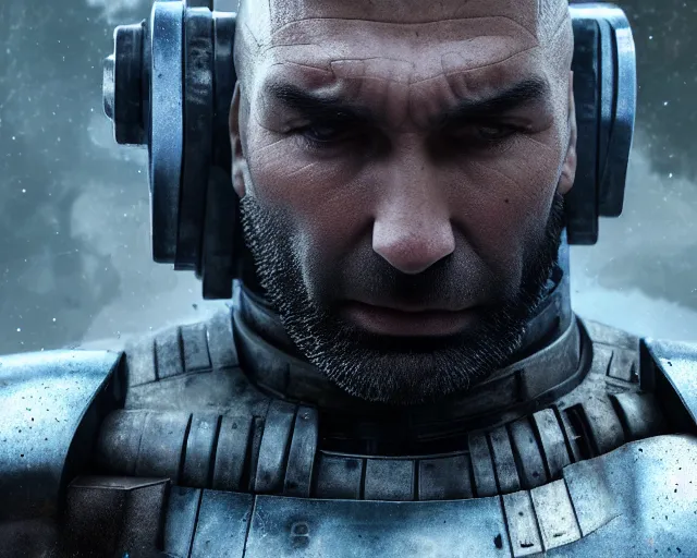 Image similar to 5 5 mm portrait photo of dave bautista as r 2 d 2. dark atmosphere. art by greg rutkowski. highly detailed 8 k. intricate. lifelike. soft light. nikon d 8 5 0.