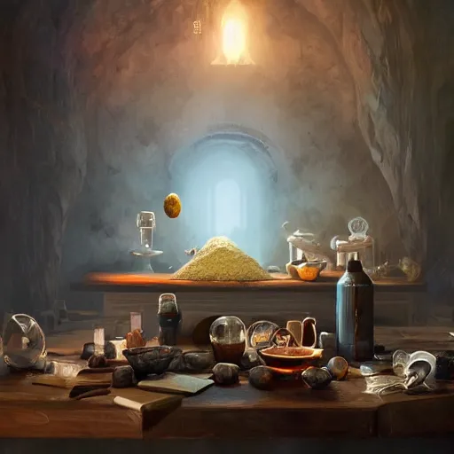 Prompt: hyper real, table, wizards laboratory, greg rutkowski, mortar, pestle, scales with magic powder, energy flowing, magic book, beakers of colored liquid, tony sart