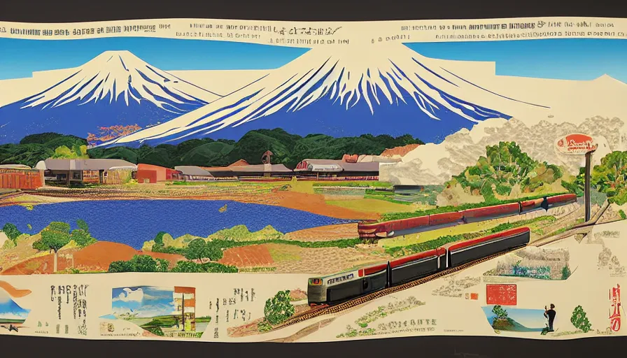 Image similar to award winning graphic design poster, cutouts constructing an contemporary art depicting a lone mount fuji and hills, rural splendor, and bullet train, isolated on white, and bountiful crafts, local foods, mixed media painting by Leslie David