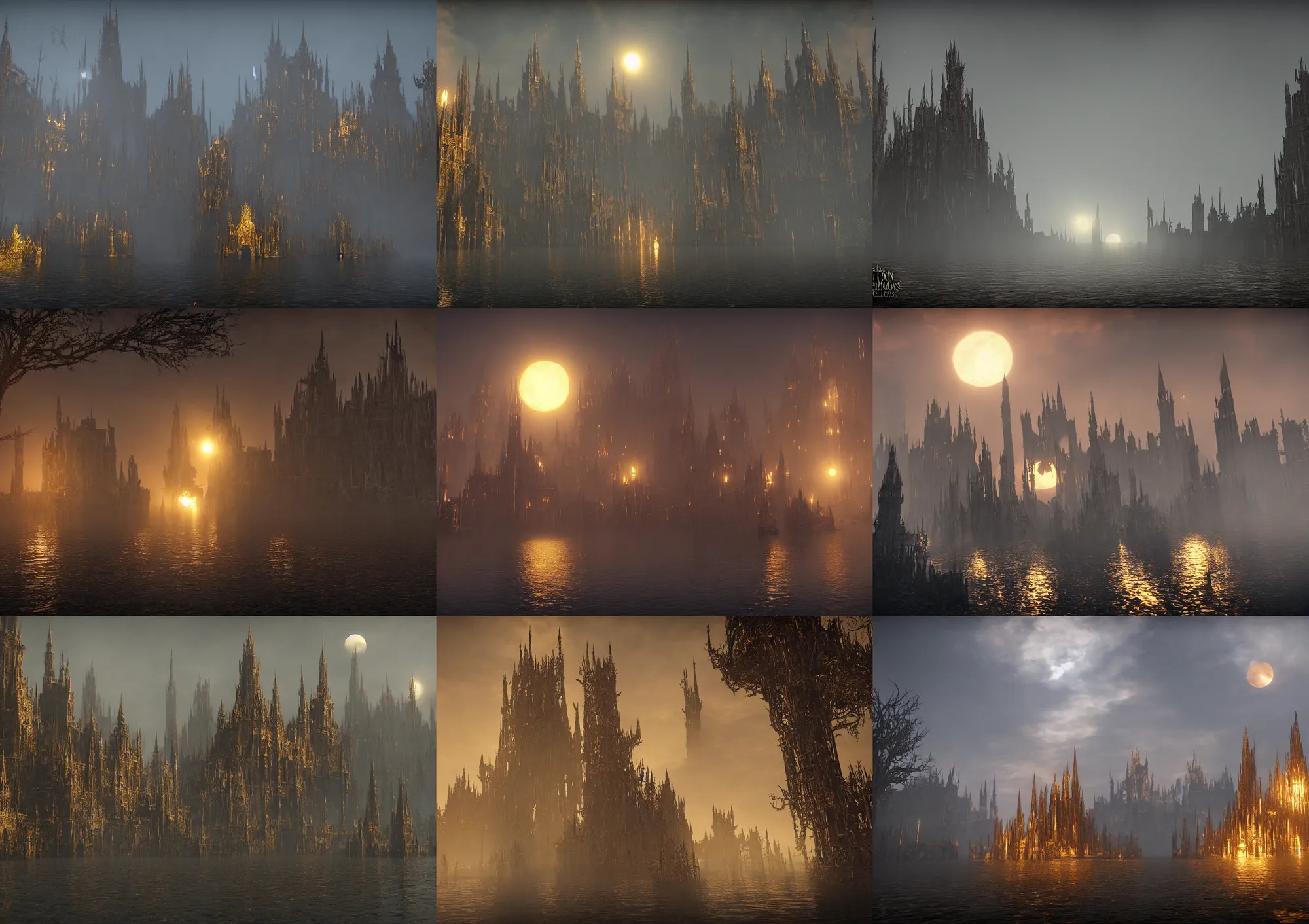 Prompt: the golden spires of the carcosa palace are illuminated by huge black sun, and the lake is reflecting the shadow of yhtill's remnants curled gunsmoke. 8 k, bloodborne cg style, unreal engine 5