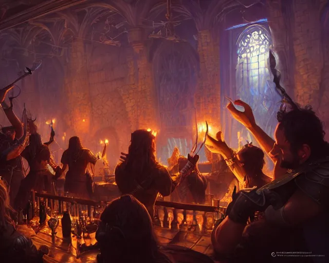 Image similar to photography of blind guardian playing a tavern concert, 8 k, deep focus, d & d, fantasy, intricate, elegant, highly detailed, digital painting, artstation, concept art, matte, sharp focus, illustration, hearthstone, art by artgerm and greg rutkowski and alphonse mucha