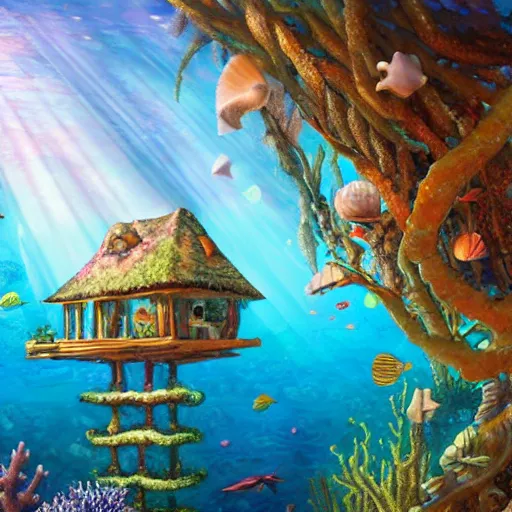 Image similar to underwater architecture treehouse style mansion made of seashells and coral on reef background with sunshine rays from above detailed oil painting 4 k