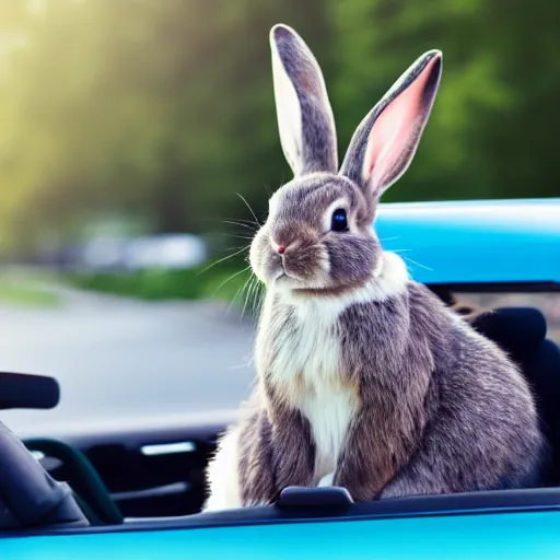 Image similar to a cute bunny driving a convertible, studio photo, high quality