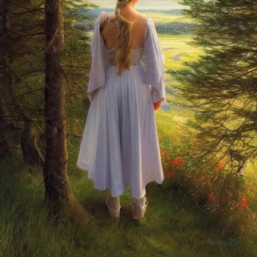 Image similar to blonde female jedi knight watching over the swedish countryside, archipelago, masterpiece, highly detailed, beautiful, atmospheric, impressionism, painting by Vladimir Volegov