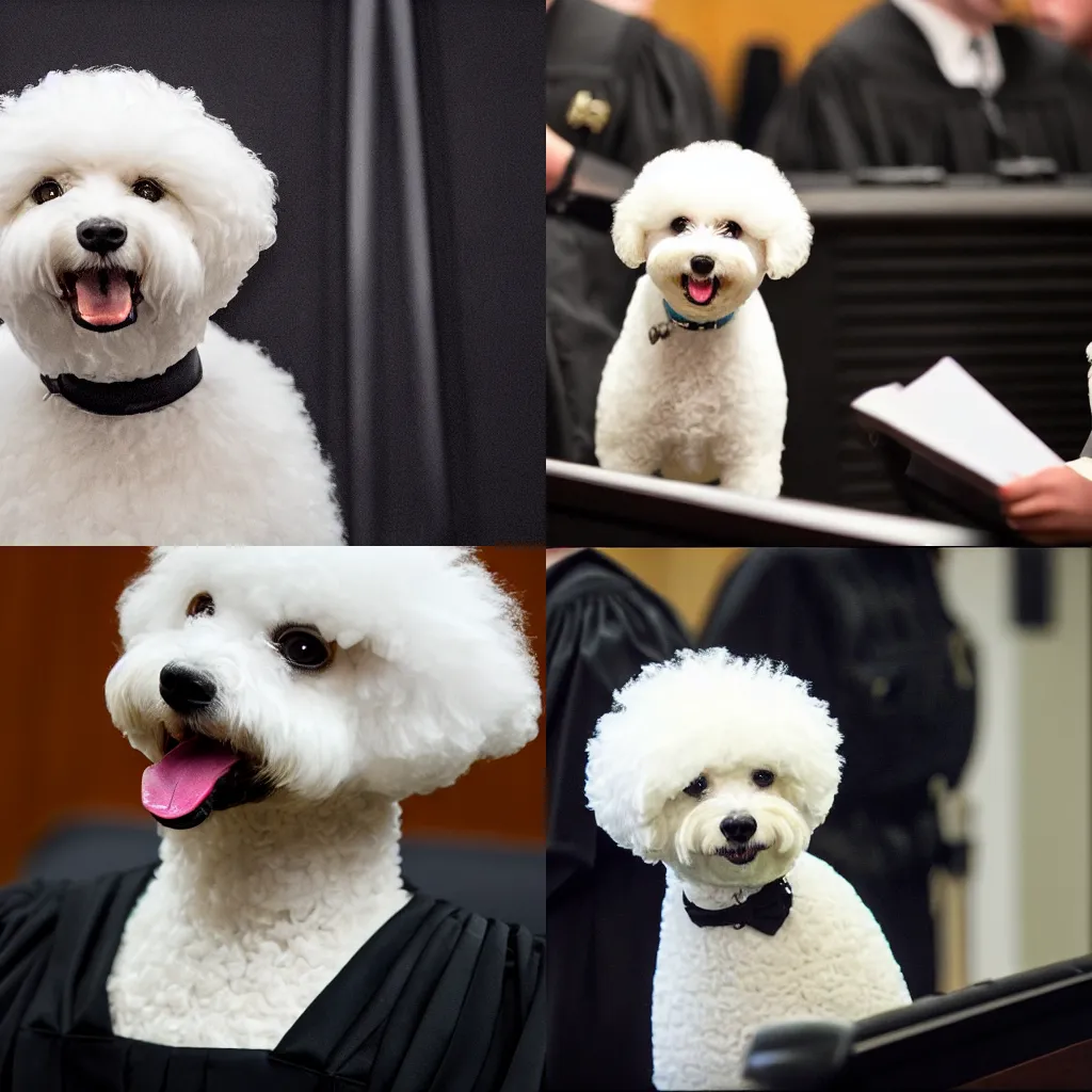 Image similar to a closeup photorealistic photograph of a cute smiling white bichon frise judge wearing a black gown and speaking to the courtroom. this 4 k hd image is trending on artstation, featured on behance, well - rendered, extra crisp, features intricate detail, epic composition and the style of unreal engine.