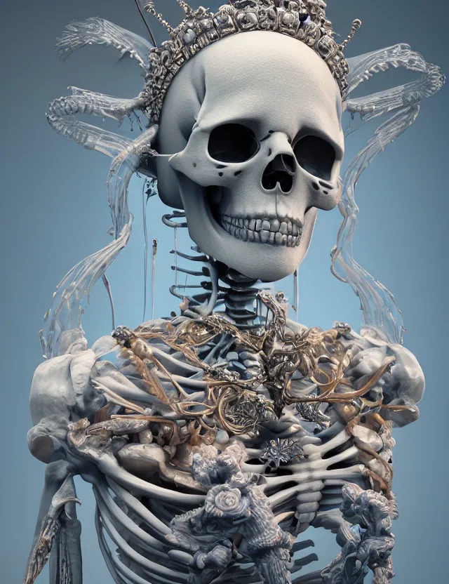 Image similar to 3 d goddess skeleton macro close - up portrait with crown made of ram skull. betta fish, jellyfish phoenix, bioluminiscent fire, plasma, ice, water, wind, creature, super intricate ornaments artwork by tooth wu and wlop and beeple and greg rutkowski