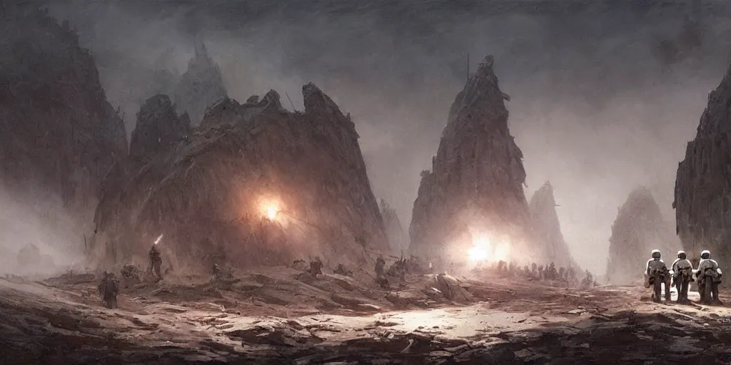 Image similar to world war 1 landscape in star wars, trench warfare, stormtroopers hiding in trenches, atmospheric, beautiful lighting, painted by john howe and greg rutkowski