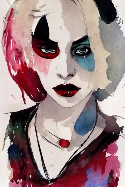 Prompt: beautiful portrait of Harley Quinn by Milo manara and David downton, colorless, silent, watercolor