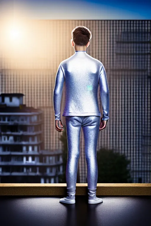 Image similar to un ultra high definition studio quality photographic art portrait of a young man standing on the rooftop of a british apartment building wearing soft padded silver pearlescent clothing. three point light. extremely detailed. golden ratio, ray tracing, volumetric light, shallow depth of field. set dressed.