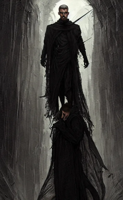 Image similar to Thin roguish man wearing a black cloak made of very thousands of thin strips of cloth that decay into mist, fantasy, highly detailed, digital painting, artstation, concept art, smooth, sharp focus, illustration, art by artgerm and greg rutkowski and alphonse mucha