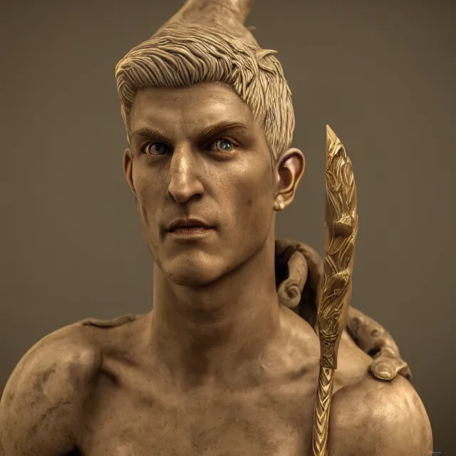 Prompt: marble sculpture of a male warrior elf, realistic, unreal engine render, octane render, hyper realistic, photo, 8 k, cinematic lighting