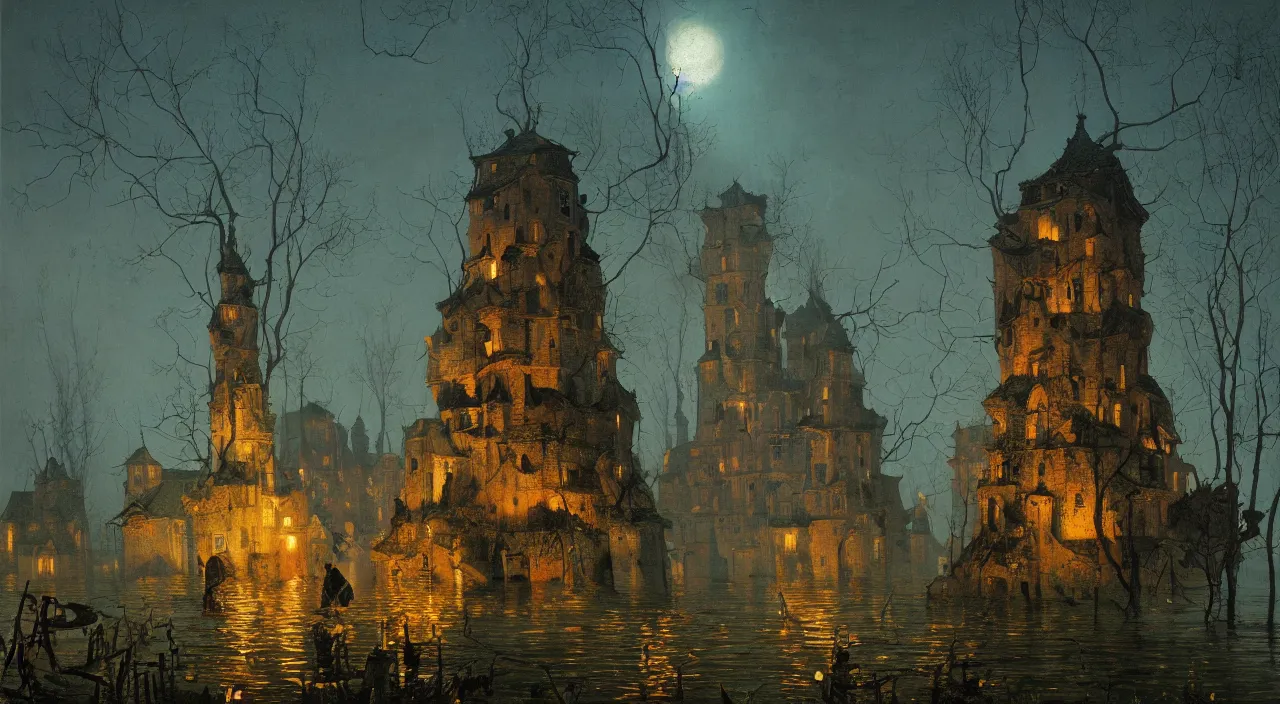 Prompt: an oil painting of a flooded ancient fungi tower at night by simon stalenhag carl spitzweg jan van eyck audubon rene magritte max ernst, full-length view, highly detailed, vibrant colors, high contrast, symmetry, great composition, high detail, cinematic lighting, award winning masterpiece, trending on artstation