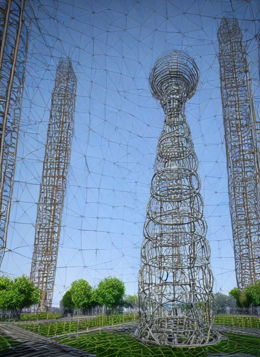 Image similar to highly detailed realistic architecture 3 d render of a stele shukhov tower standing in a city park, archdaily, made in unreal engine 4 octane render