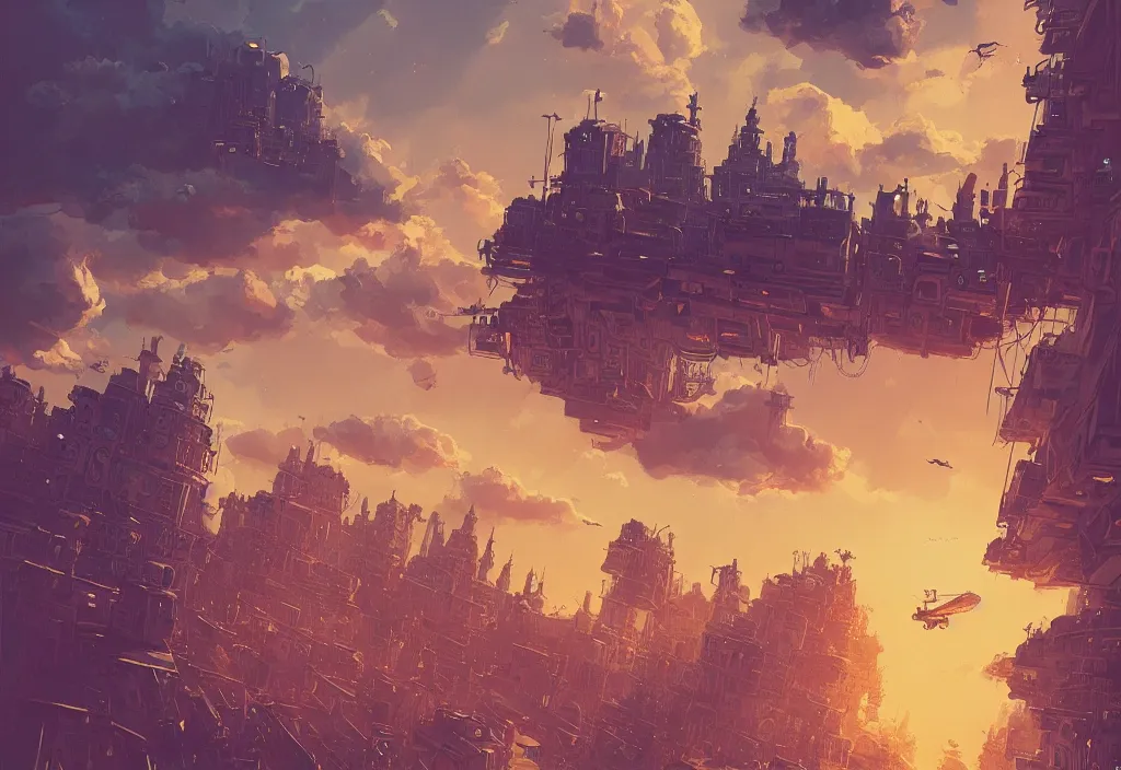 Image similar to flying steampunk city in the clouds with ceppelins by alena aenami, digital art, 4k, trending on artstation, highly detailed, golden hour