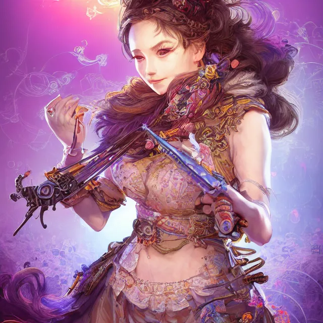 Prompt: the portrait of chaotic neutral semi - colorful smiling female bard assassin as unimaginably beautiful, gorgeous, elegant, young gravure idol, an ultrafine hyperdetailed illustration by kim jung gi, irakli nadar, intricate linework, bright colors, octopath traveler, final fantasy, unreal engine 5 highly rendered, global illumination, radiant light, detailed and intricate environment