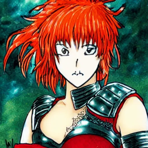 Image similar to female warrior, red hair, black armor, by naoko takeuchi, ultra detailled, medieval, manga