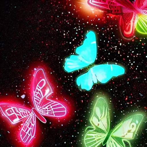 Prompt: glow-in-the-dark butterflies lift Nike sneakers into the air, cinematic, 4k,
