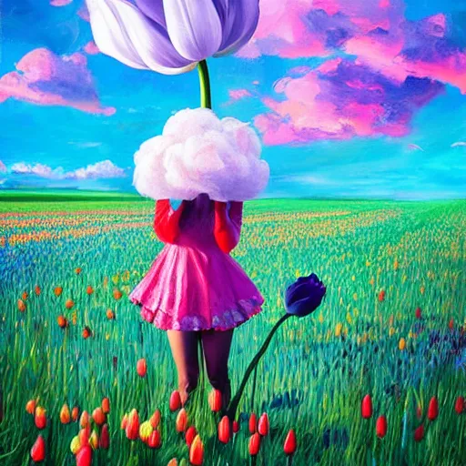 Image similar to girl with a single giant tulip as a head, surreal photography, flower field, sunset dramatic light, impressionist painting, colorful clouds, blue sky, digital painting, artstation, simon stalenhag