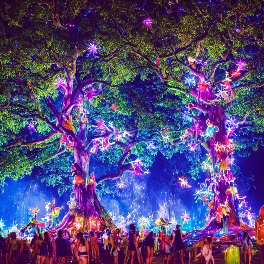 Image similar to a night carnival fairies around a magical tree next to a lake with iridiscent water, christmas lights, volumetric lightning, creatures and fantastic people disguised as fantastic creatures in a magical forest by summer night, masterpieceunderwater scene, masterpiece painted by slim aarons, scene by night