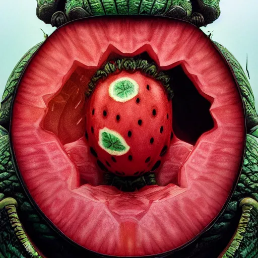 Prompt: Concept Digital Art Highly detailed Watermelon warlord by Stephen Hickman and Beeple. Very highly detailed 8K,Pentax 67, Kodak Portra 400 in style of Hiromasa Ogura Ghost in the Shell, the golden ratio, rational painting