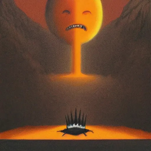 Prompt: funereal, lush by quint buchholz, by guido crepax. a beautiful painting of a large, orange monster looming over a cityscape. the monster has several eyes & mouths, & its body is covered in spikes. it seems to be coming towards the viewer, who is looking up at it in fear.