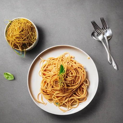 Image similar to extremely delicious looking photo of beautiful spaghetti,, unique way of serving, very expensive top quality product, michelin star, most perfect desert on the world, small manufacture, unique style, 8 k, product photography, professional studio photography